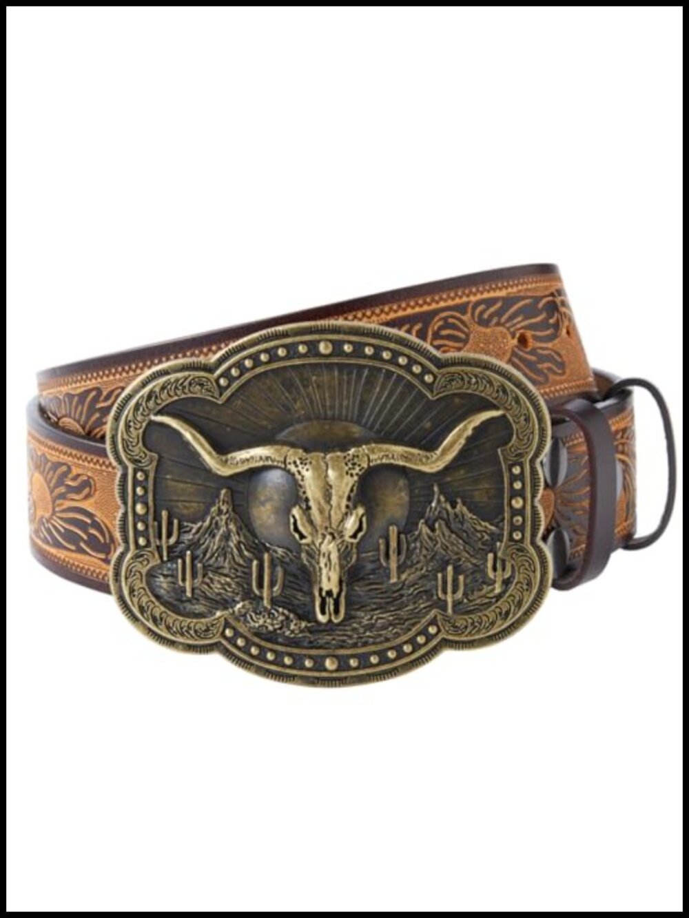 Men's Cowboy Belt Western Leather Belt Engraved Buckle